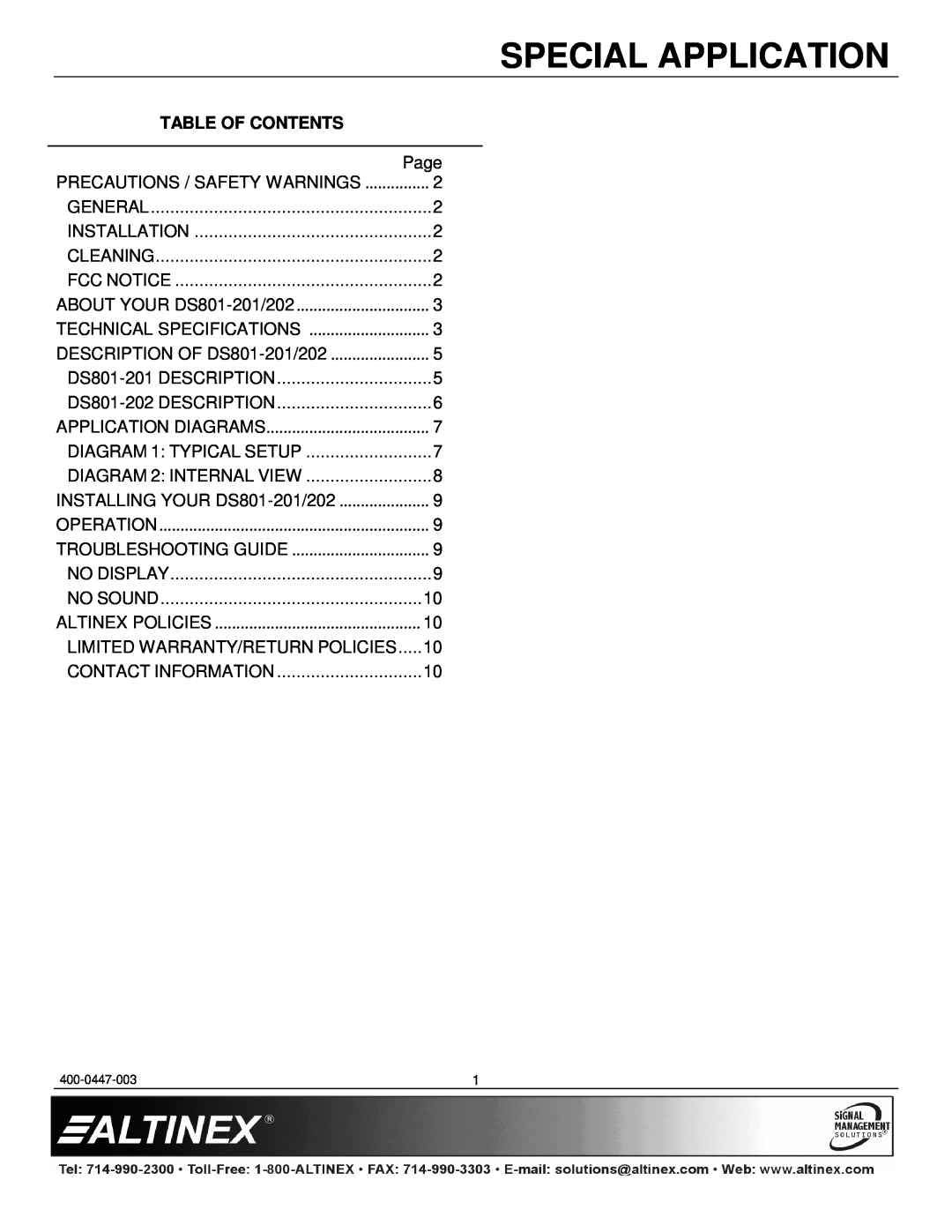 Altinex DS801-202, DS801-201 manual Table Of Contents, Special Application, Page 