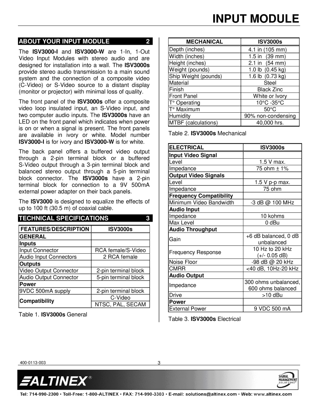 Altinex ISV3000-W manual About Your Input Module, Technical Specifications 