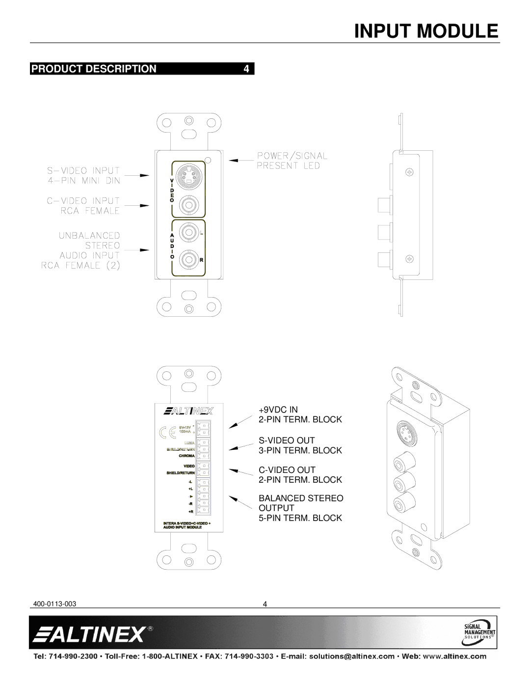 Altinex ISV3000-W manual Product Description 