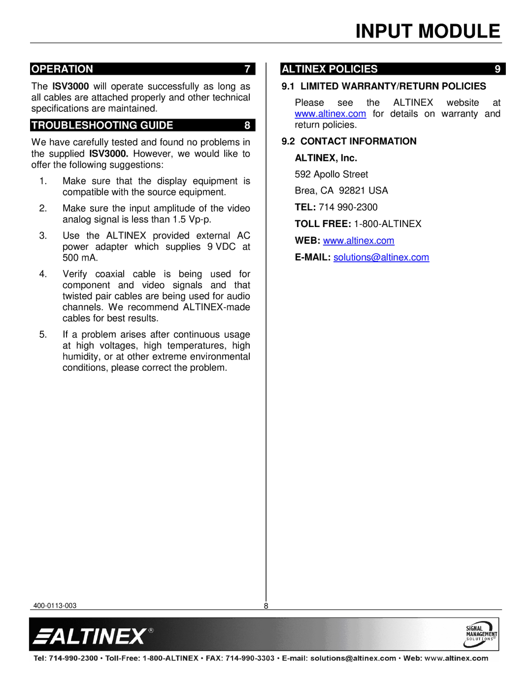 Altinex ISV3000-W manual Operation, Troubleshooting Guide, Altinex Policies, Limited WARRANTY/RETURN Policies 