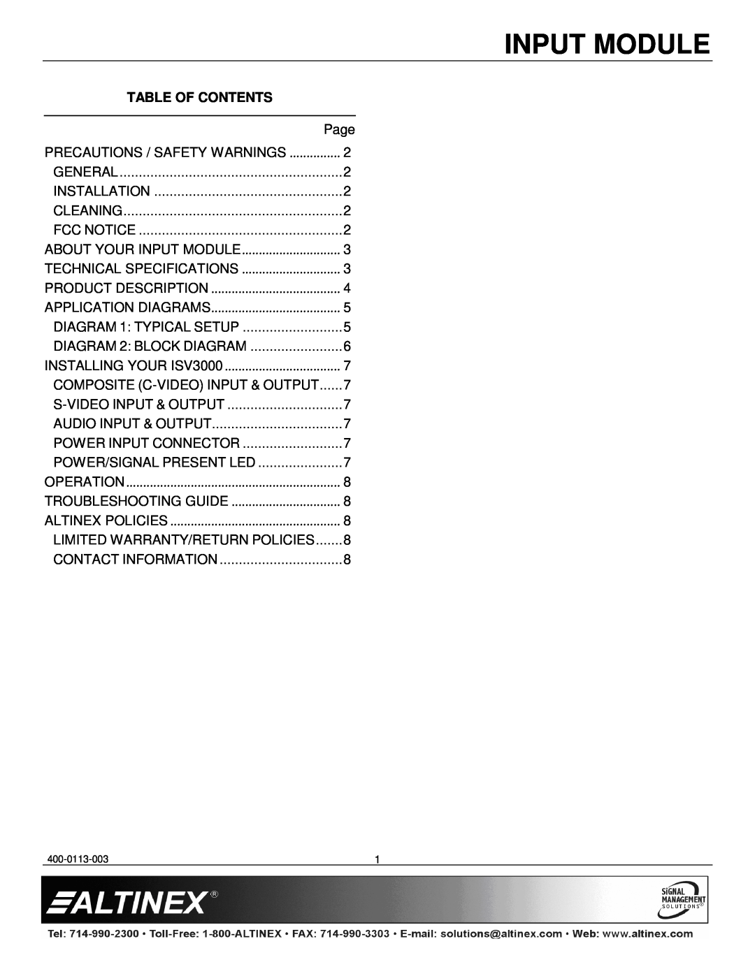 Altinex ISV3000-W manual Input Module, Page 