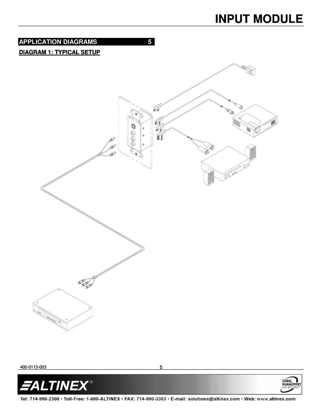 Altinex ISV3000-W manual Application Diagrams, Input Module, DIAGRAM 1 TYPICAL SETUP, 400-0113-003 