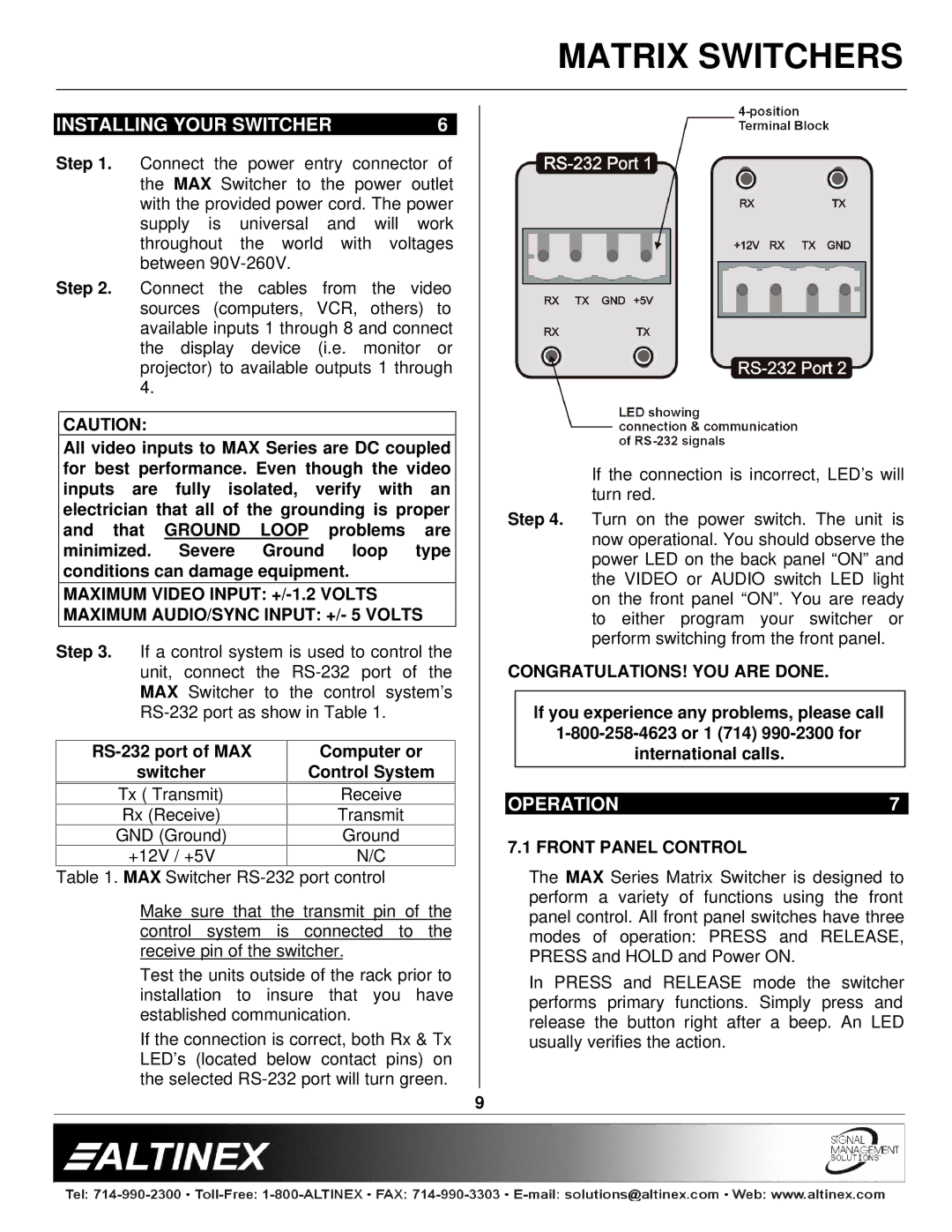 Altinex MAX Series manual Installing Your Switcher, Operation, CONGRATULATIONS! YOU are Done, Front Panel Control 