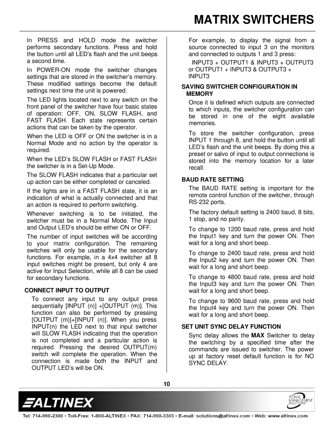 Altinex MAX Series manual Connect Input to Output, Saving Switcher Configuration in Memory, Baud Rate Setting 