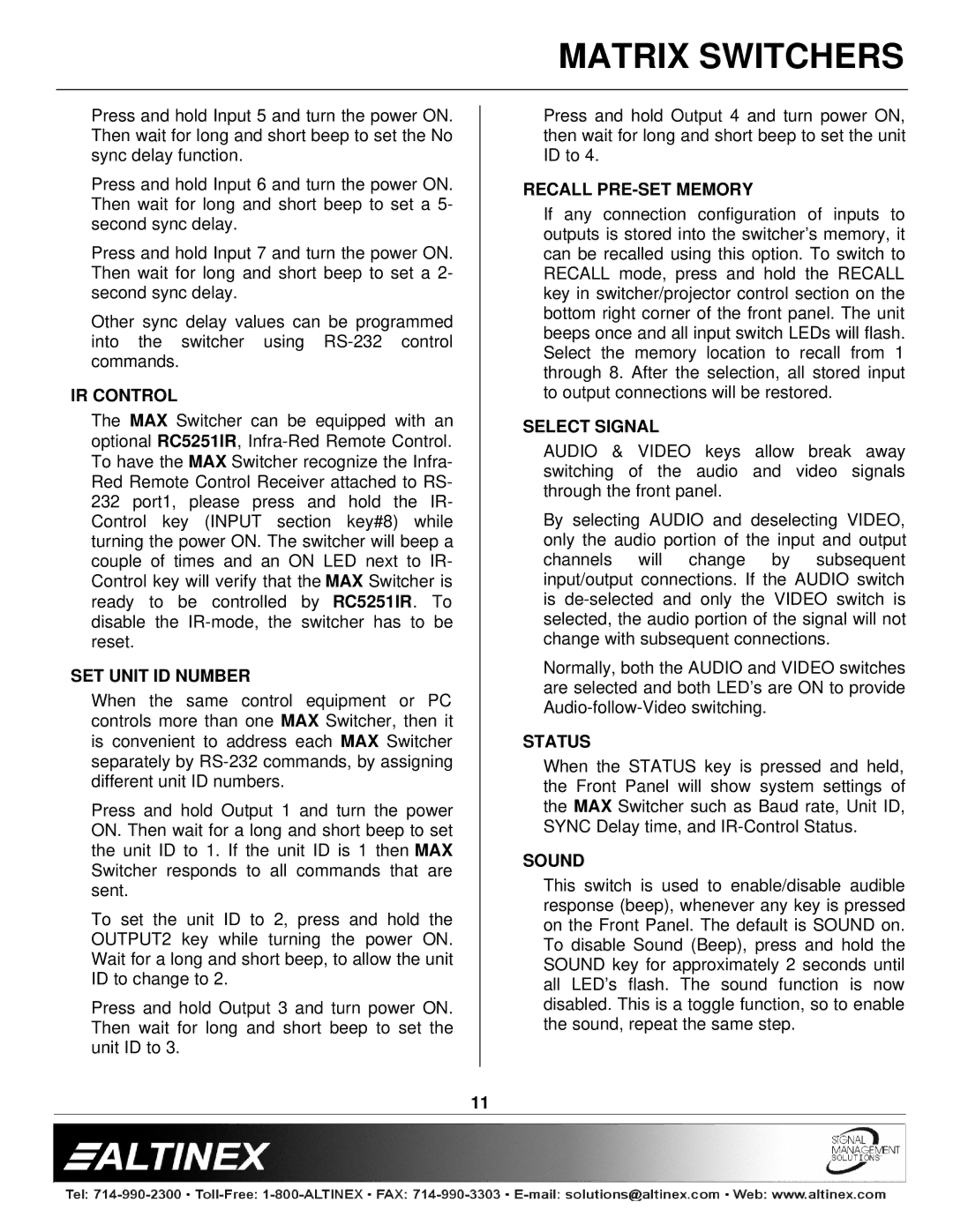 Altinex MAX Series manual IR Control, SET Unit ID Number, Recall PRE-SET Memory, Select Signal, Status, Sound 