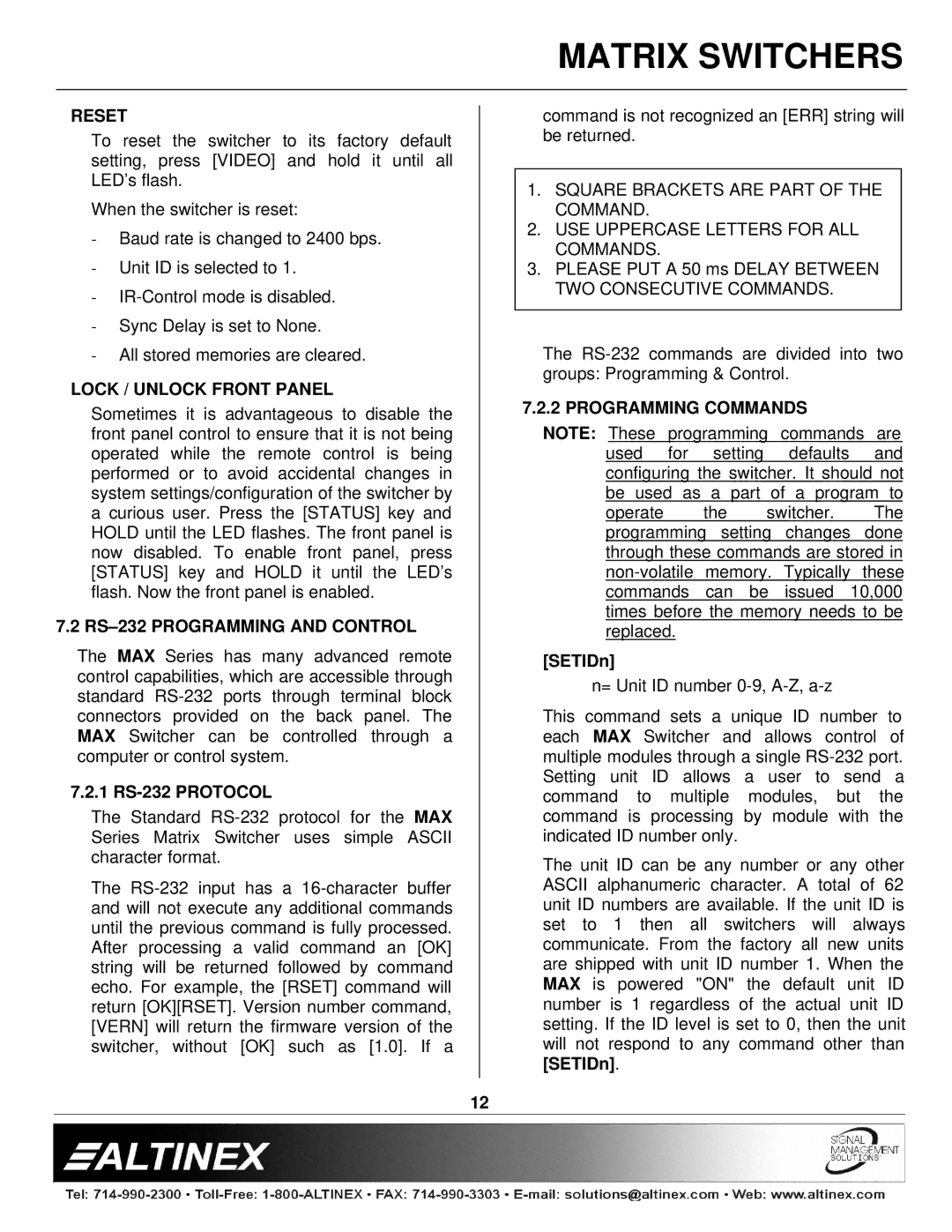 Altinex MAX Series manual Reset, Lock / Unlock Front Panel, RS-232 Programming and Control, Programming Commands 