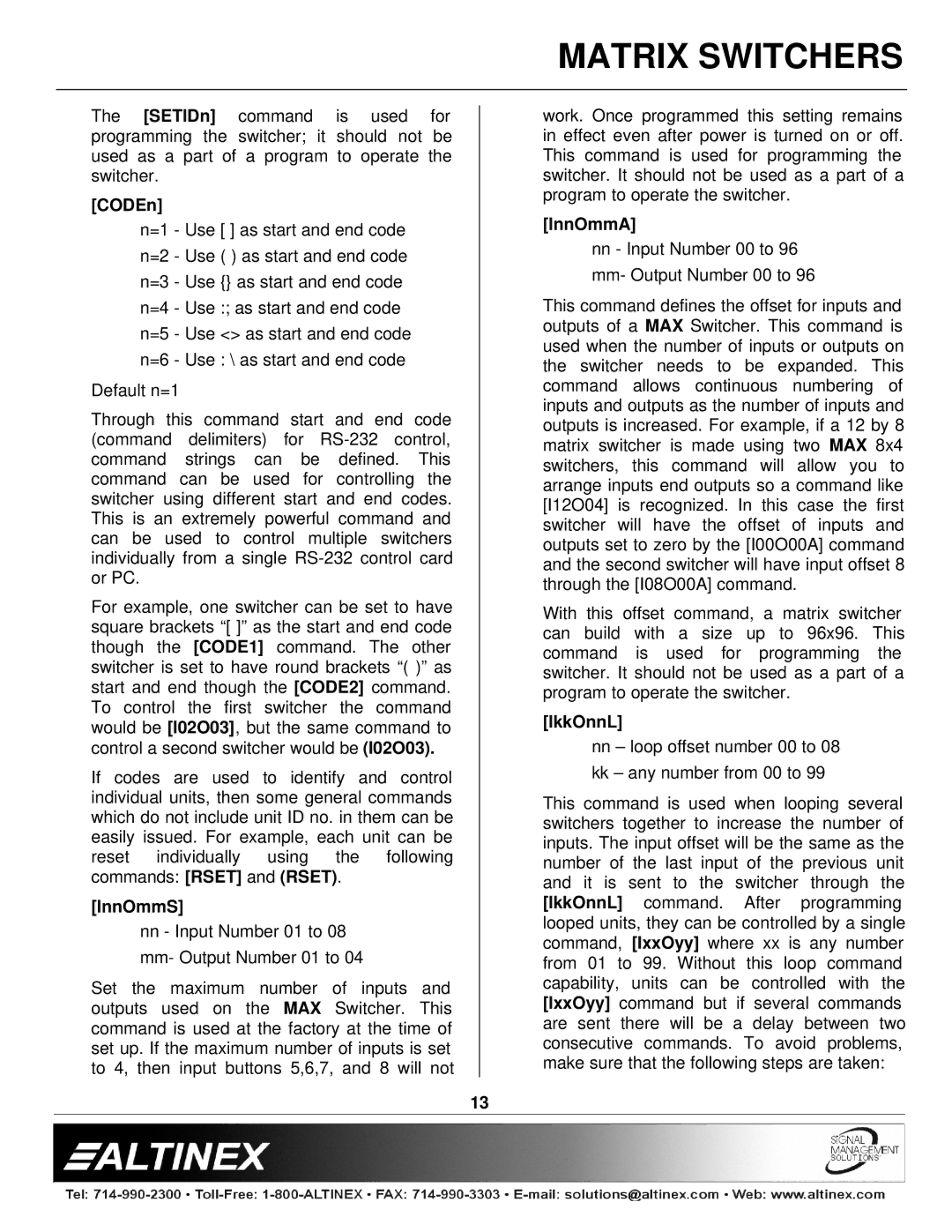 Altinex MAX Series manual CODEn, InnOmmS, InnOmmA, IkkOnnL 