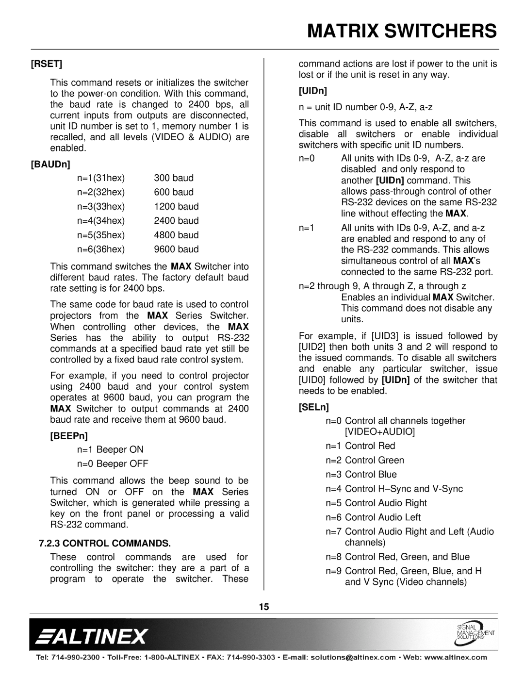 Altinex MAX Series manual Rset, Control Commands 