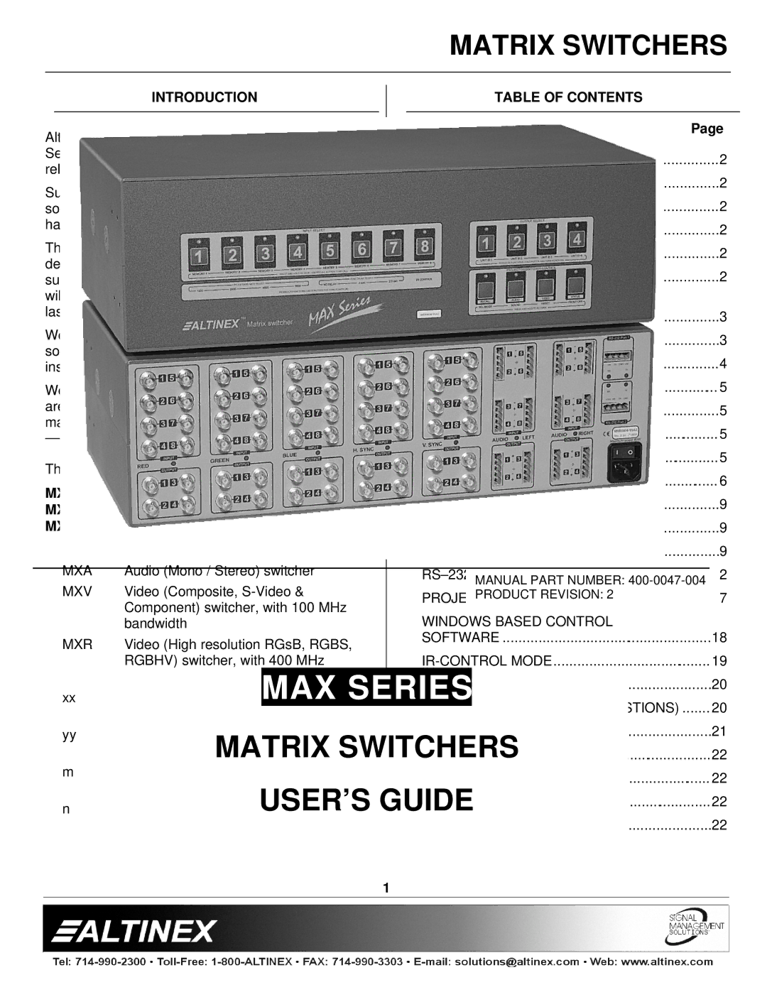 Altinex MAX Series manual Introduction, Table of Contents 