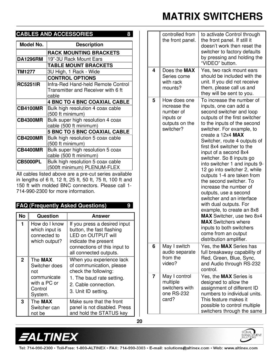 Altinex MAX Series manual Cables and Accessories 