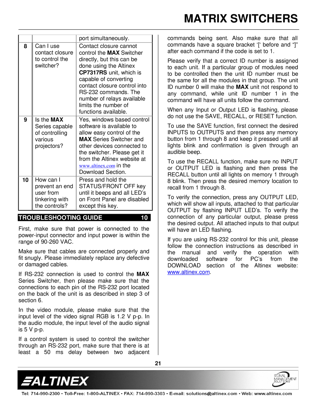 Altinex MAX Series manual Troubleshooting Guide 