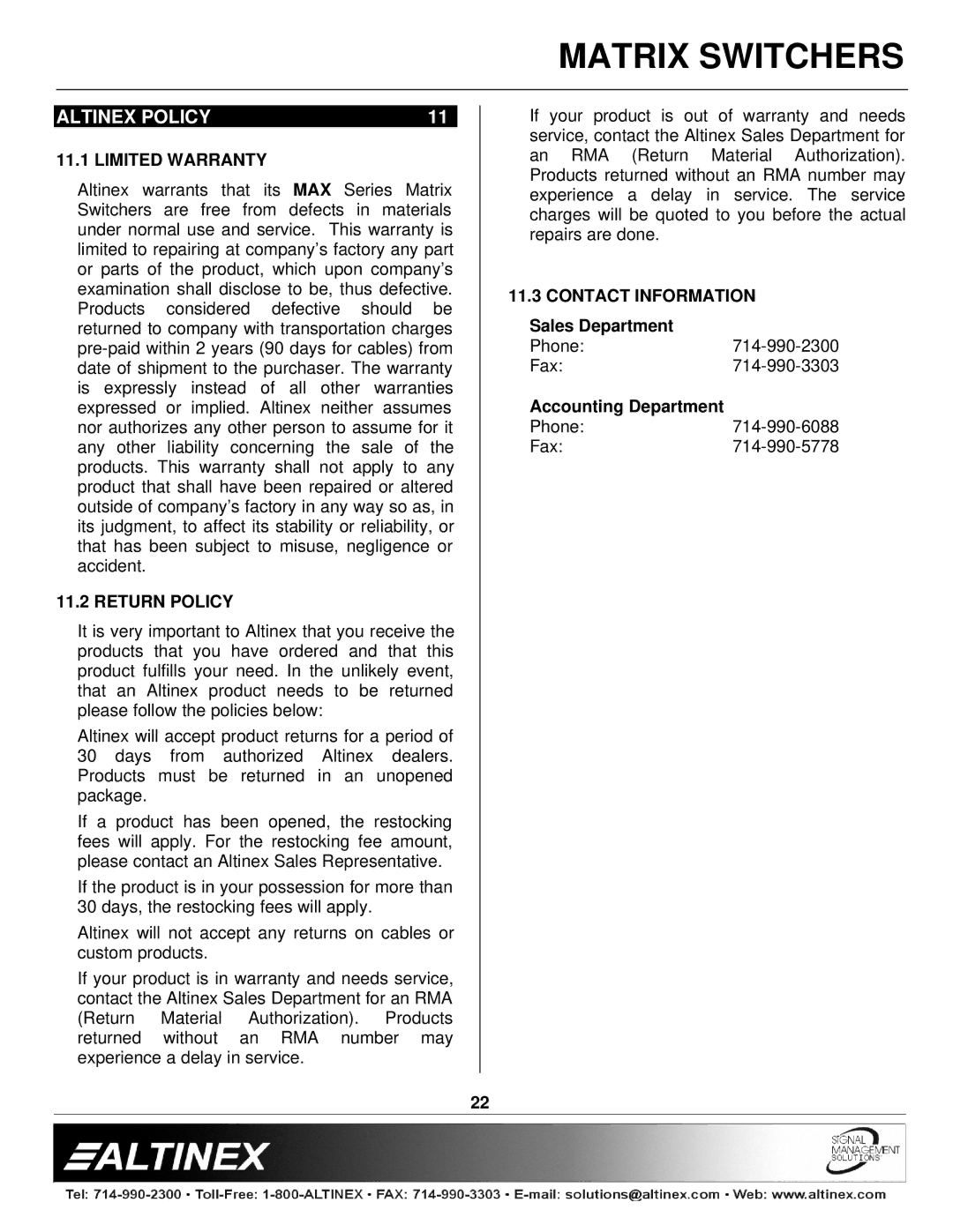 Altinex MAX Series manual Altinex Policy, Limited Warranty, Return Policy, Contact Information 