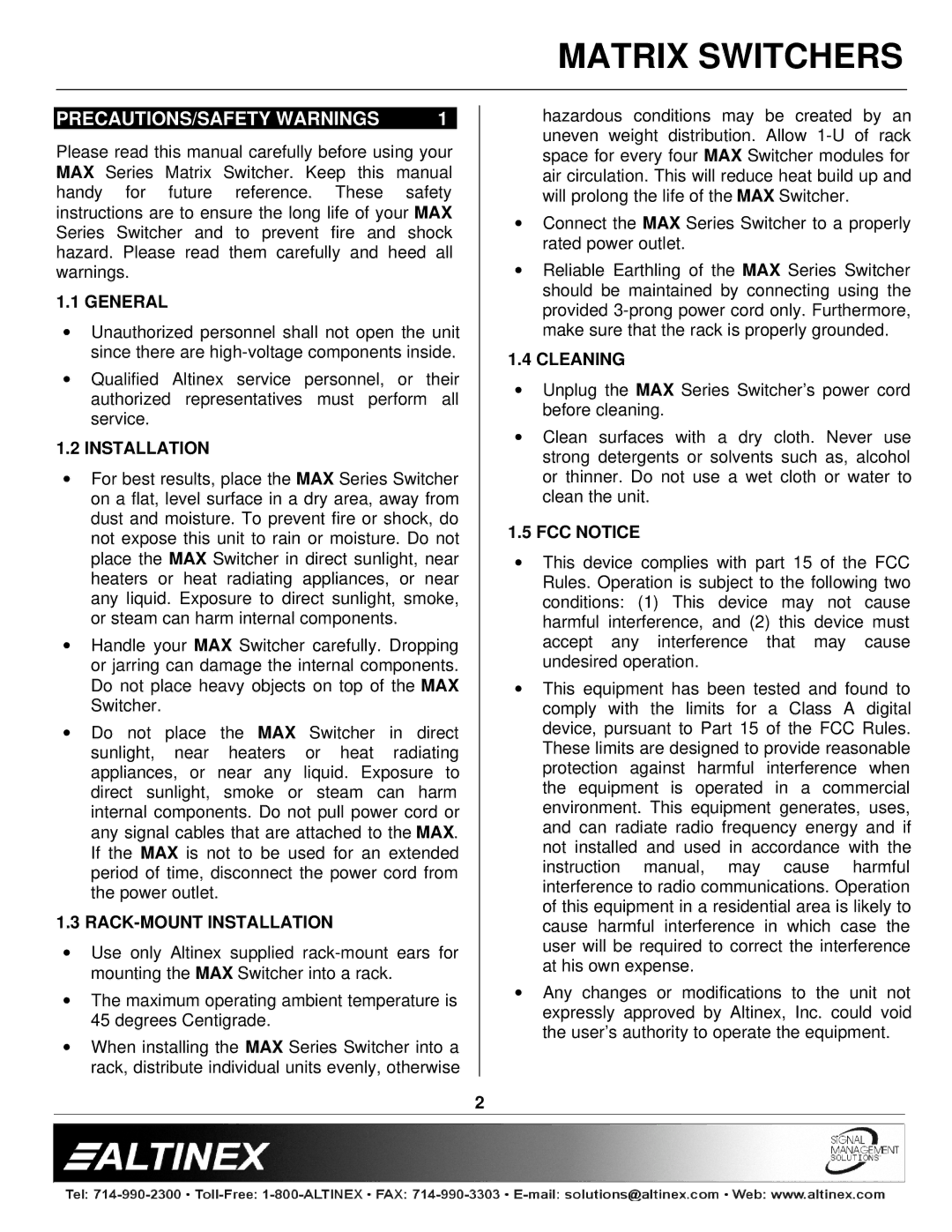 Altinex MAX Series manual PRECAUTIONS/SAFETY Warnings 