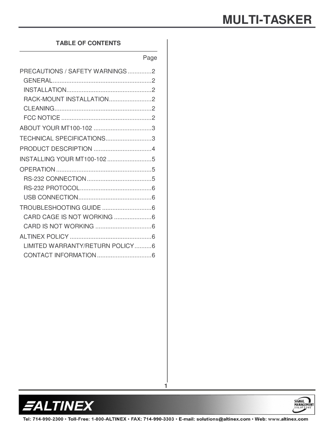 Altinex MT100-102 manual Table of Contents 