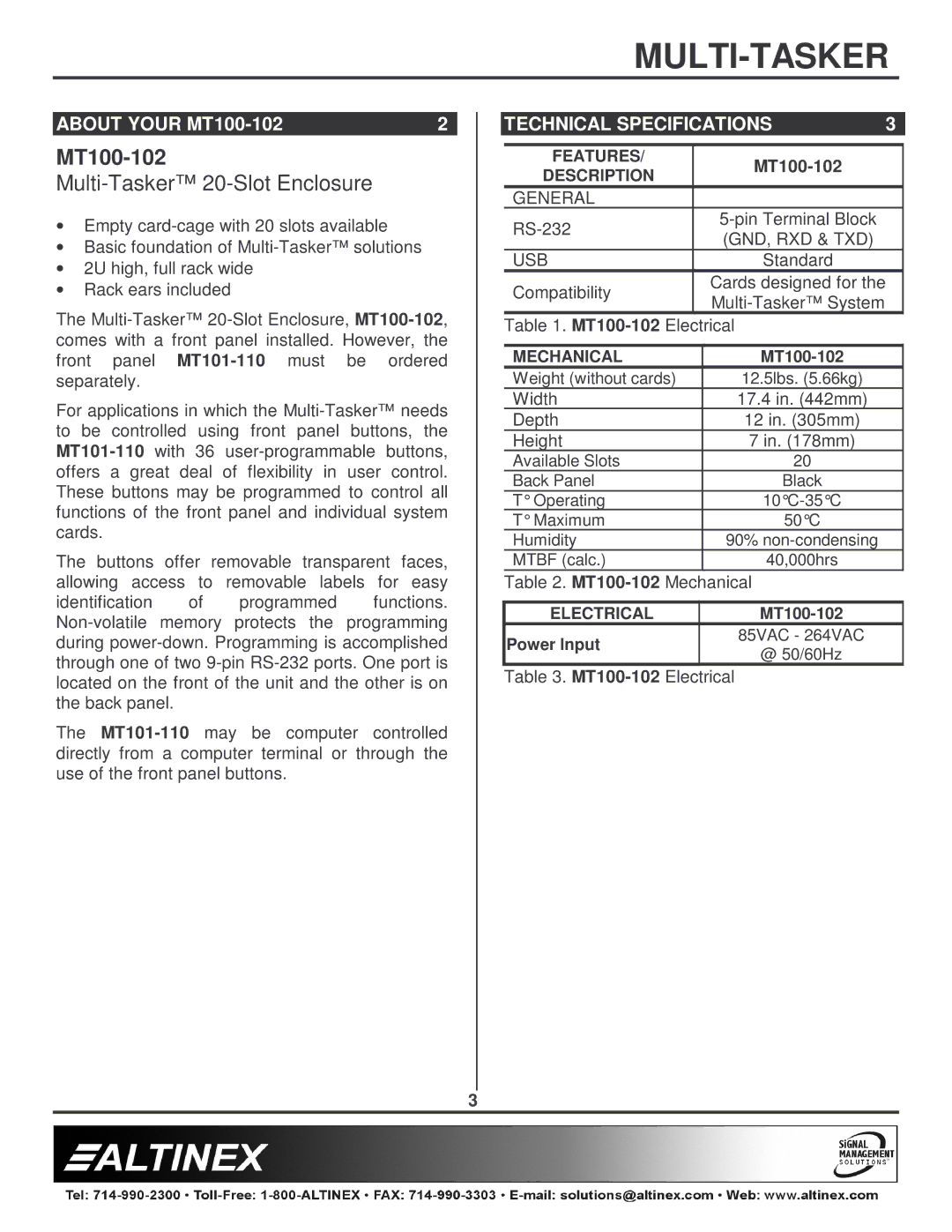 Altinex manual About Your MT100-102, Technical Specifications, General, Gnd, Rxd & Txd Usb 