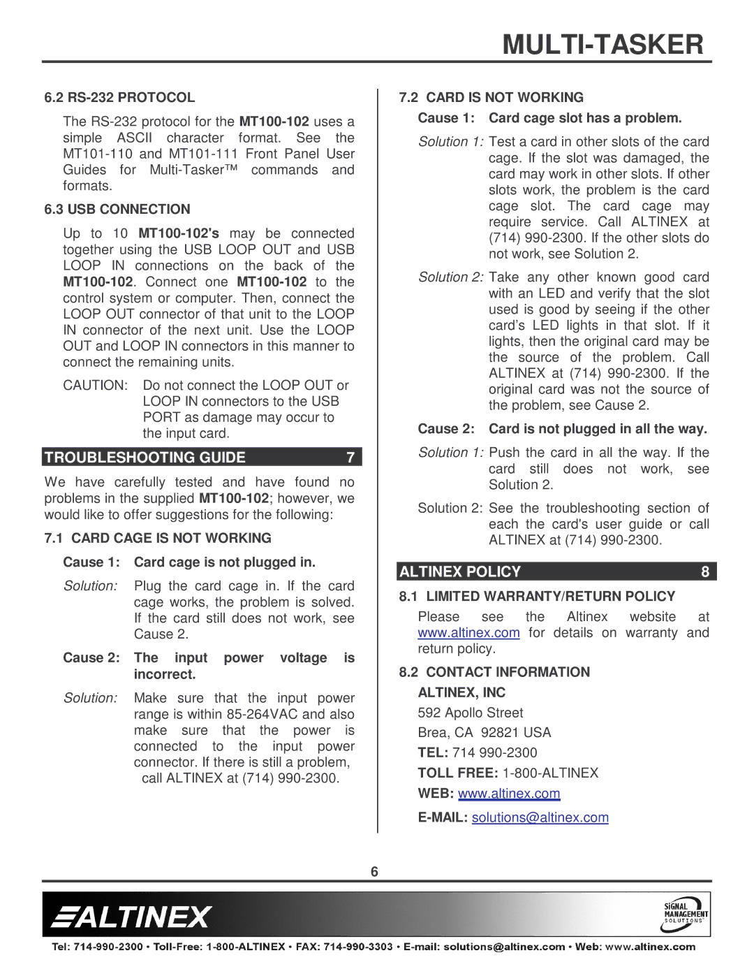 Altinex MT100-102 manual Troubleshooting Guide, Altinex Policy 