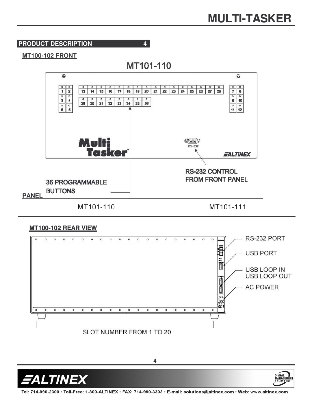 Altinex manual Product Description, Multi-Tasker, MT100-102 FRONT PANEL MT100-102 REAR VIEW 