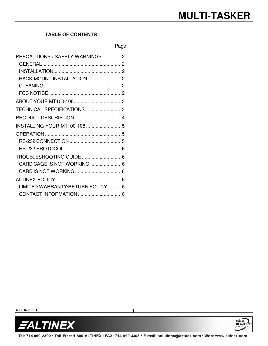 Altinex MT100-108 manual Table of Contents 