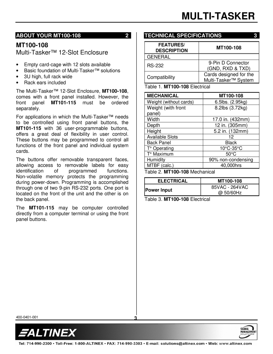 Altinex manual About Your MT100-108, Technical Specifications, General, Gnd, Rxd & Txd 