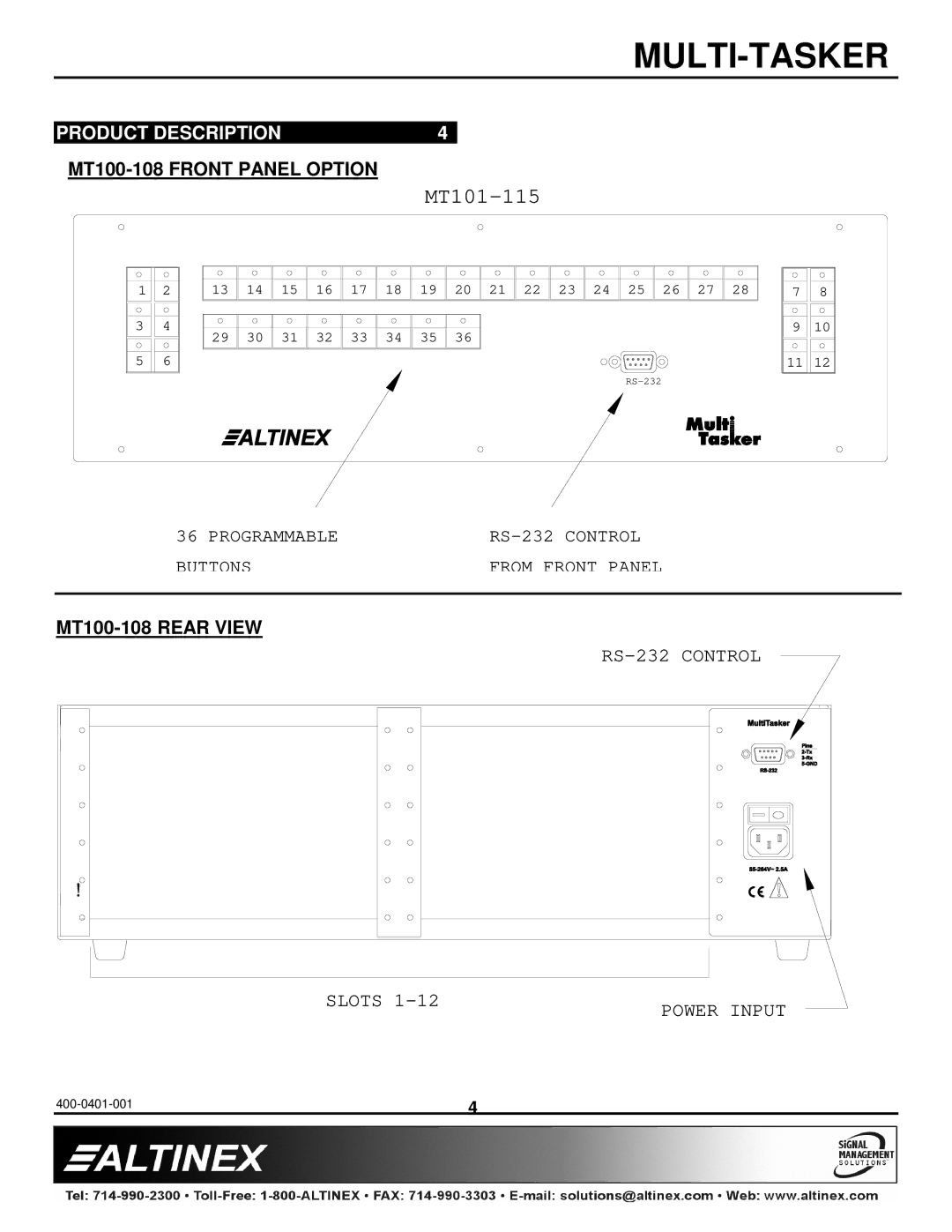 Altinex MT100-108 manual MT101-115, Product Description 