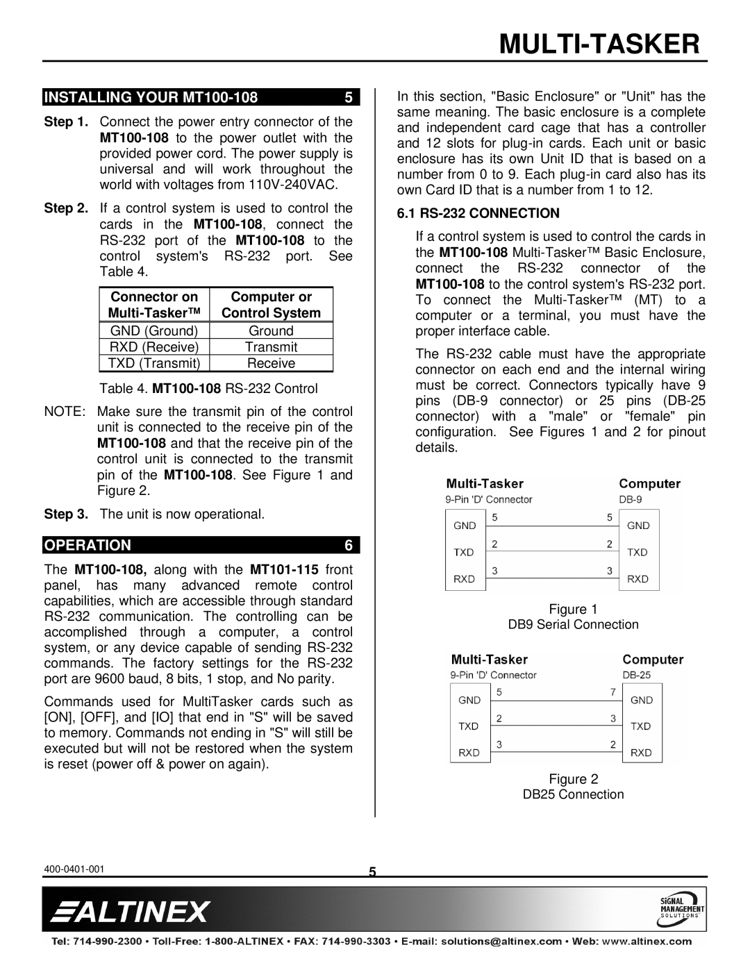 Altinex manual Installing Your MT100-108, Operation, Connector on Computer or, Control System, RS-232 Connection 