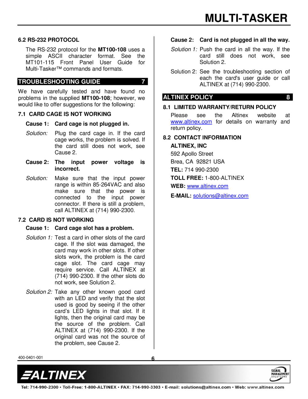 Altinex MT100-108 manual Troubleshooting Guide, Altinex Policy, RS-232 Protocol, Card is not Working 