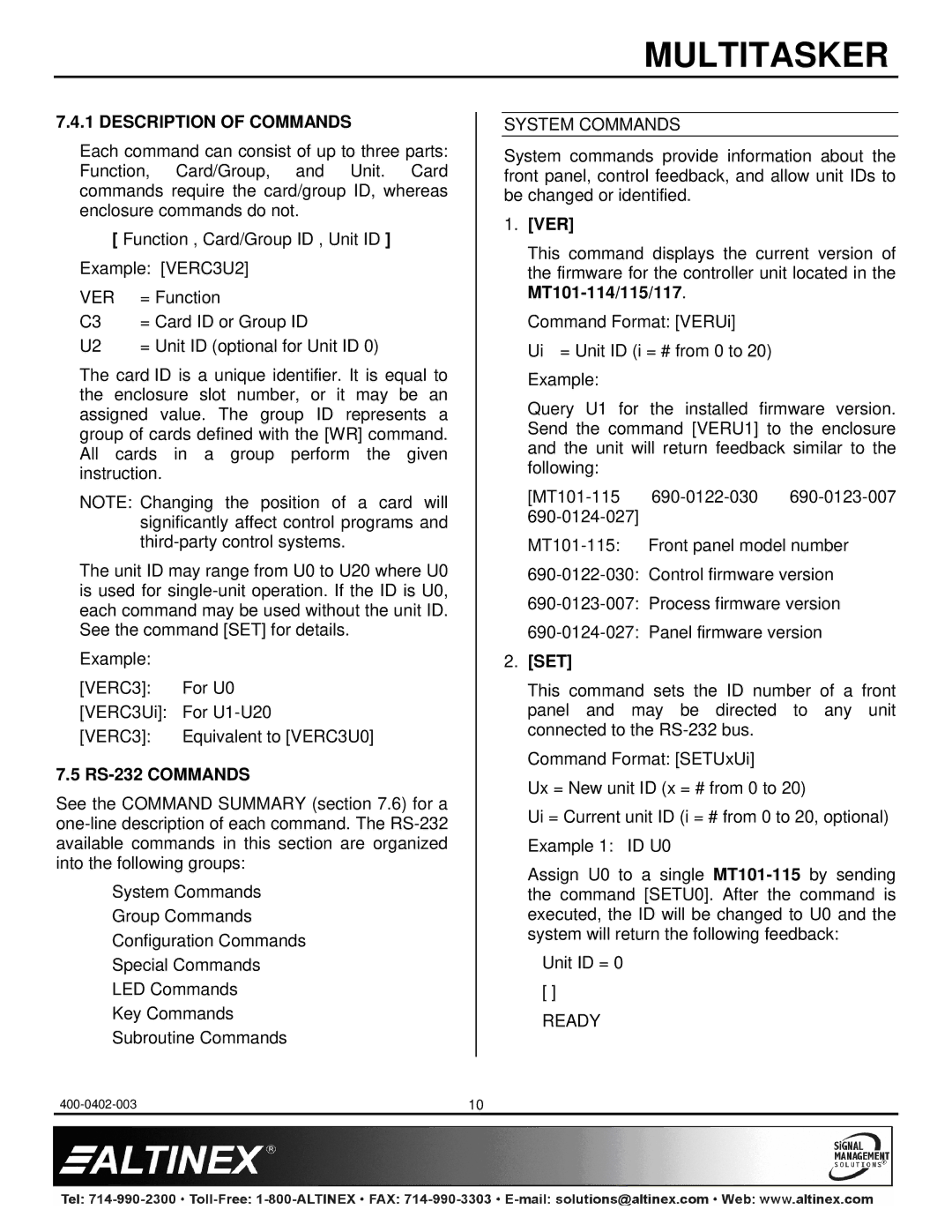 Altinex MT101-114, MT101-115, MT101-117 manual Description of Commands, RS-232 Commands, Ver, Set 