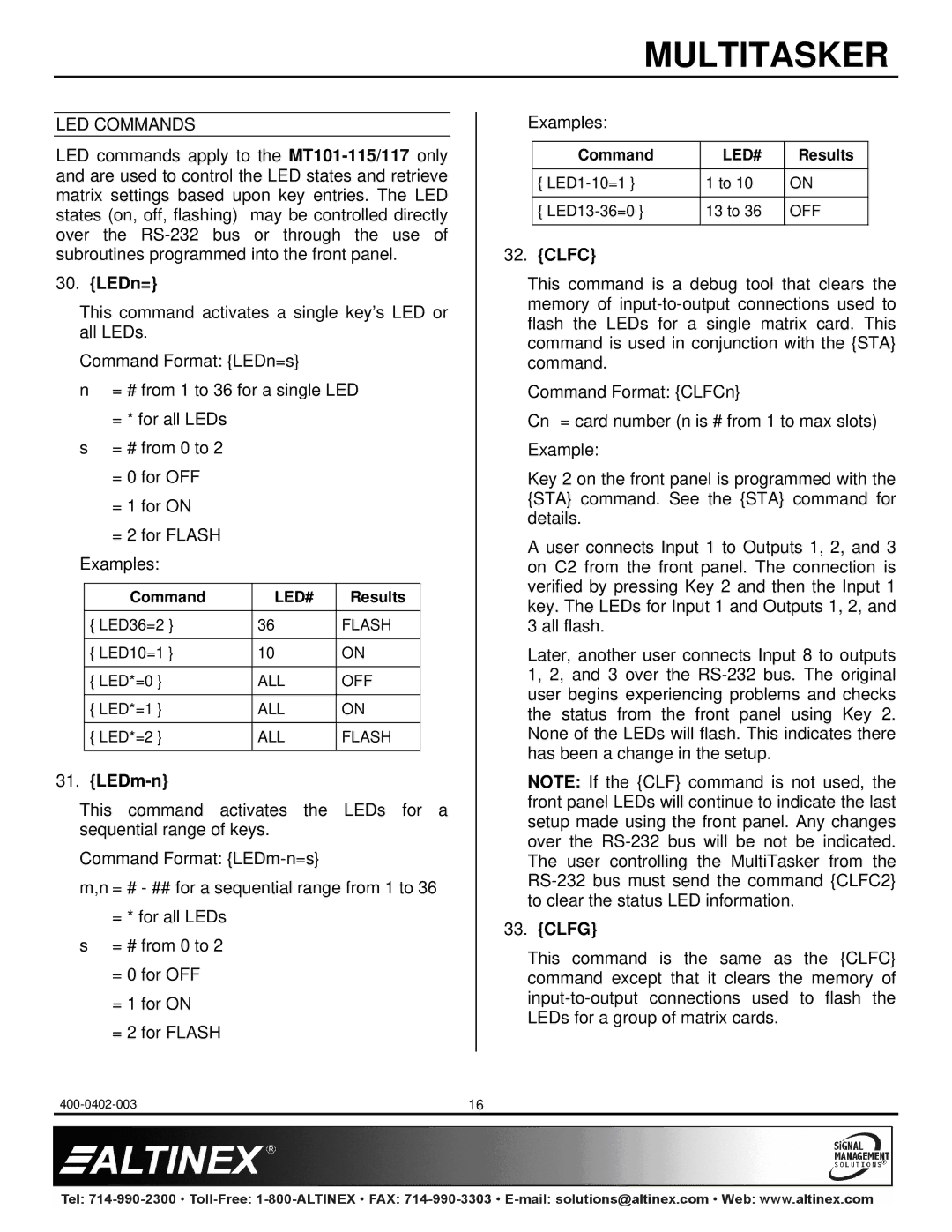 Altinex MT101-114, MT101-115, MT101-117 manual LED Commands, LEDn=, LEDm-n, Clfc, Clfg 