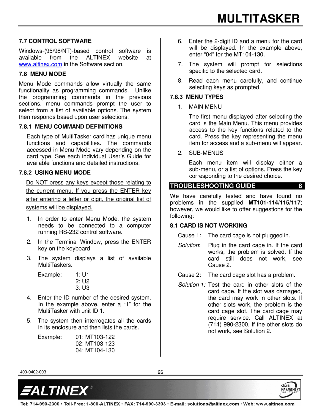 Altinex MT101-115, MT101-117, MT101-114 manual Troubleshooting Guide 