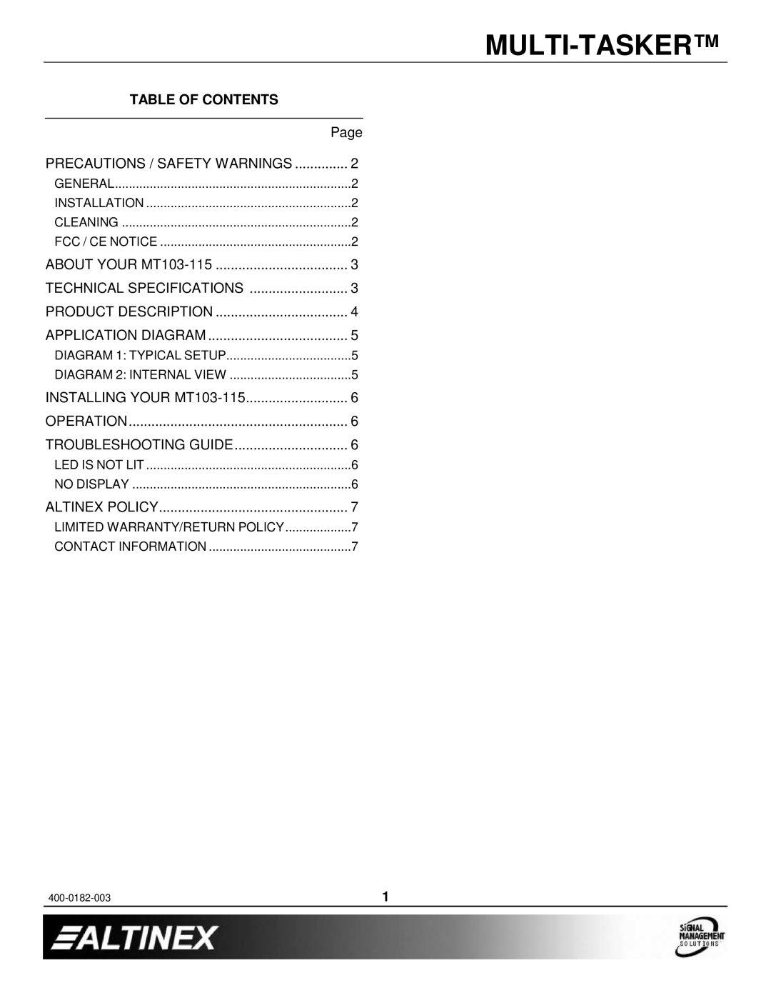 Altinex MT103-115 manual Precautions / Safety Warnings 