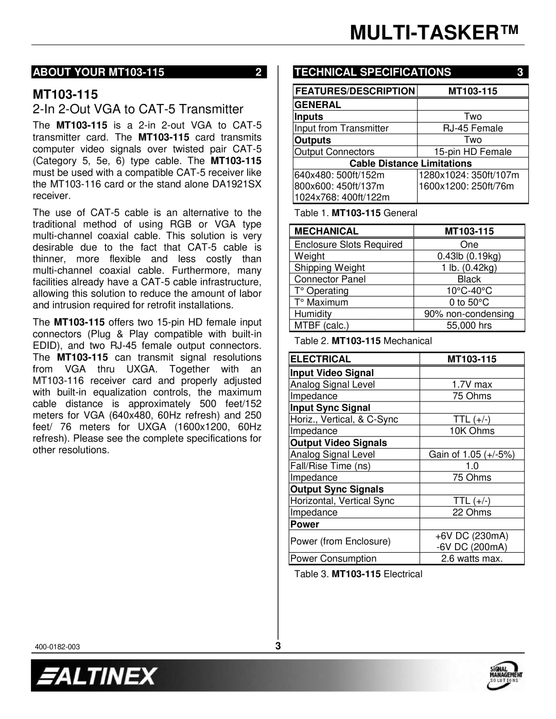 Altinex manual About Your MT103-115, Technical Specifications 