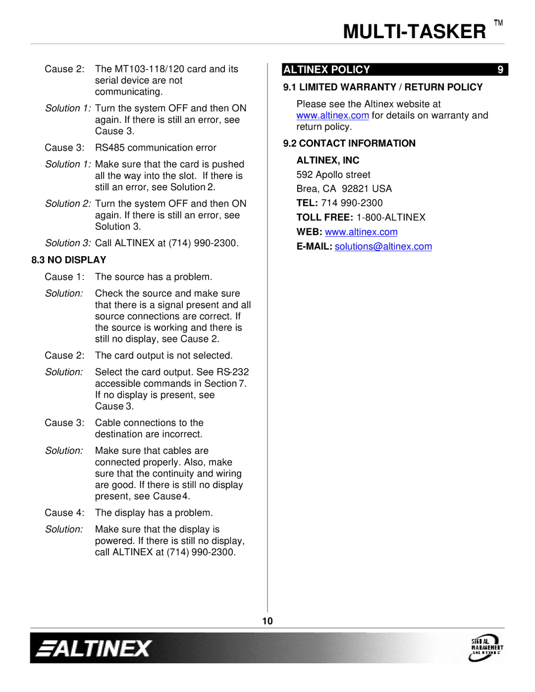 Altinex MT103-118, MT103-120 manual Altinex Policy, No Display 