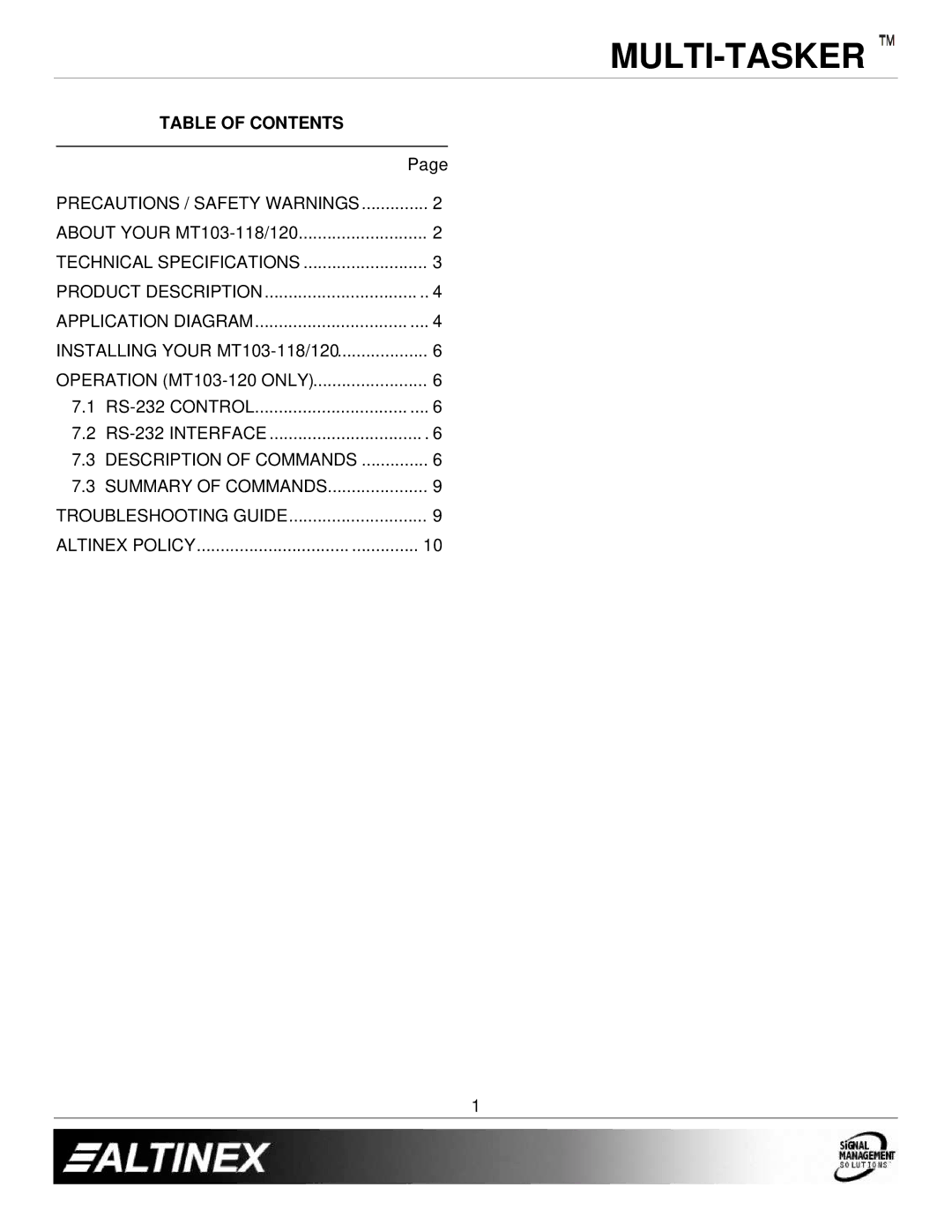 Altinex MT103-120, MT103-118 manual Table of Contents 