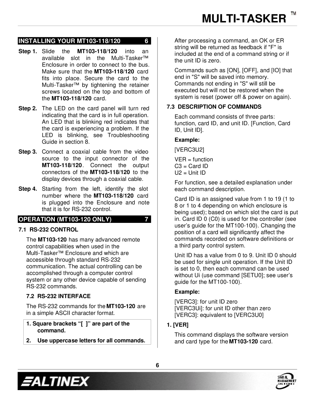 Altinex manual Installing Your MT103-118/120, Operation MT103-120 only, RS-232 Interface, Description of Commands 