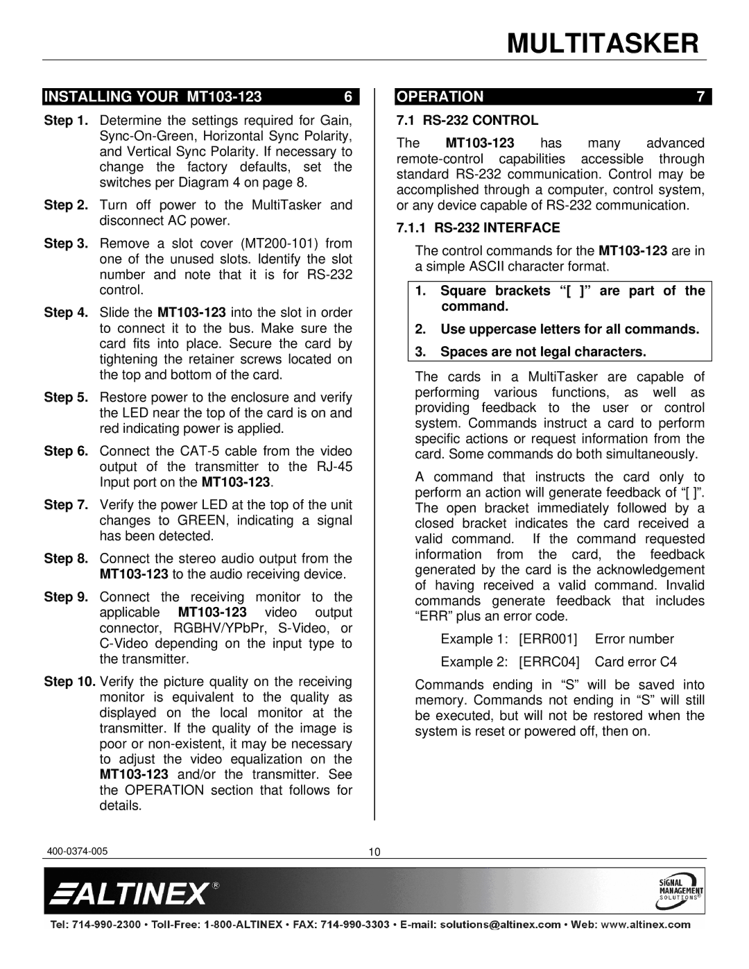 Altinex manual Installing Your MT103-123, Operation, RS-232 Control, 1 RS-232 Interface 