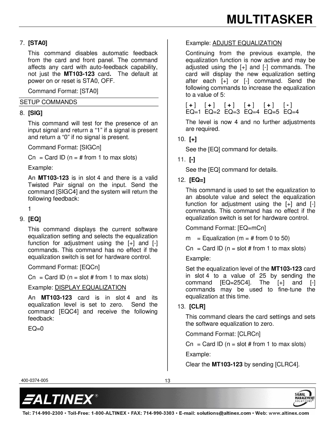 Altinex MT103-123 manual STA0, Sig, 10. +, 12. EQ=, Clr 