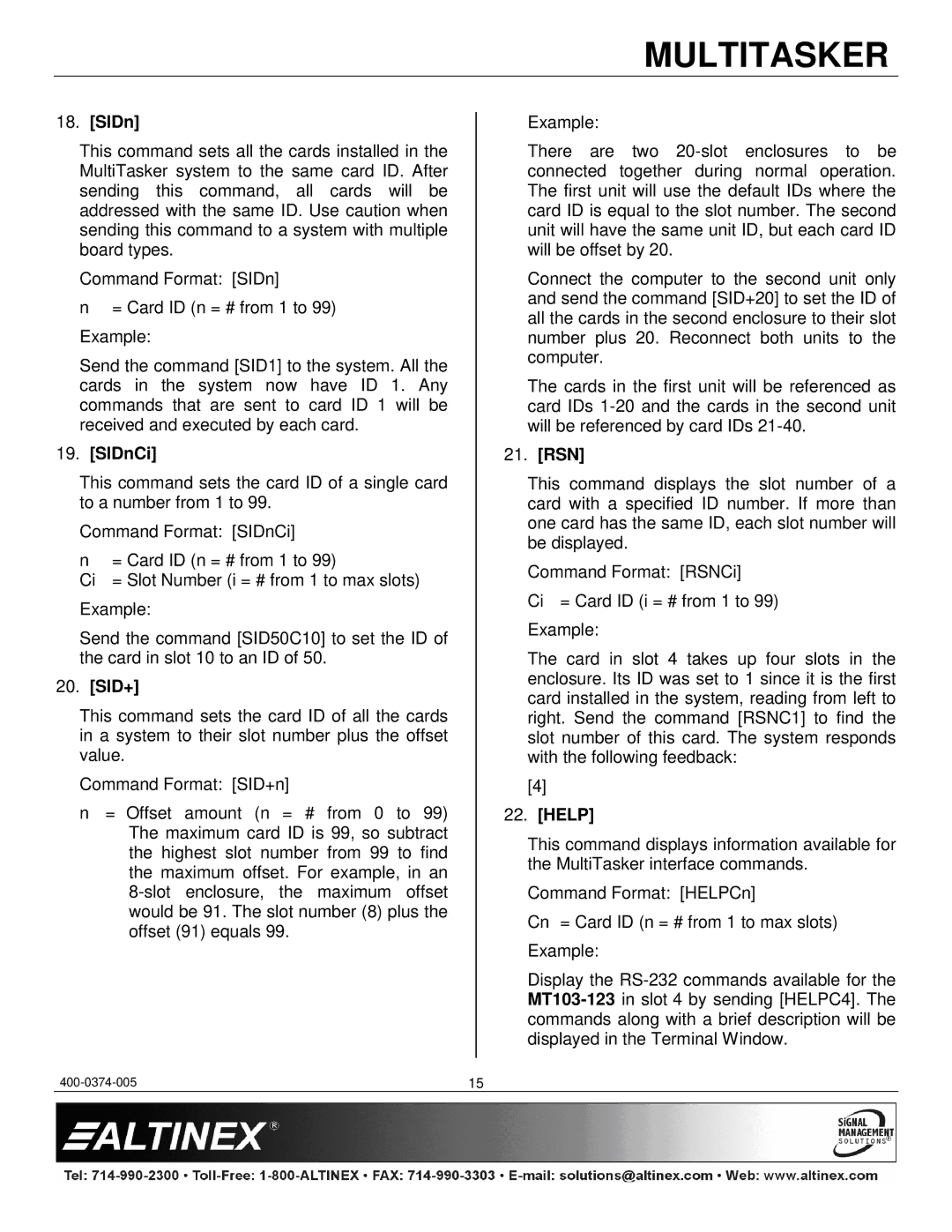 Altinex MT103-123 manual SIDnCi, Sid+, Rsn, Help 