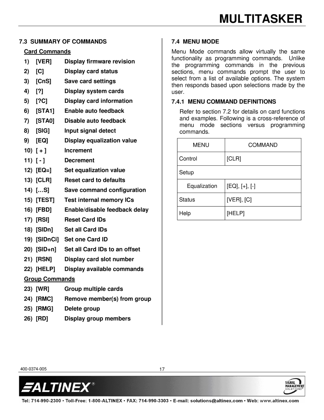 Altinex MT103-123 manual Sig, Clr, Test, Fbd, Rsi, Rsn, Help, Rmc, Rmg, Menu Mode, Menu Command Definitions 