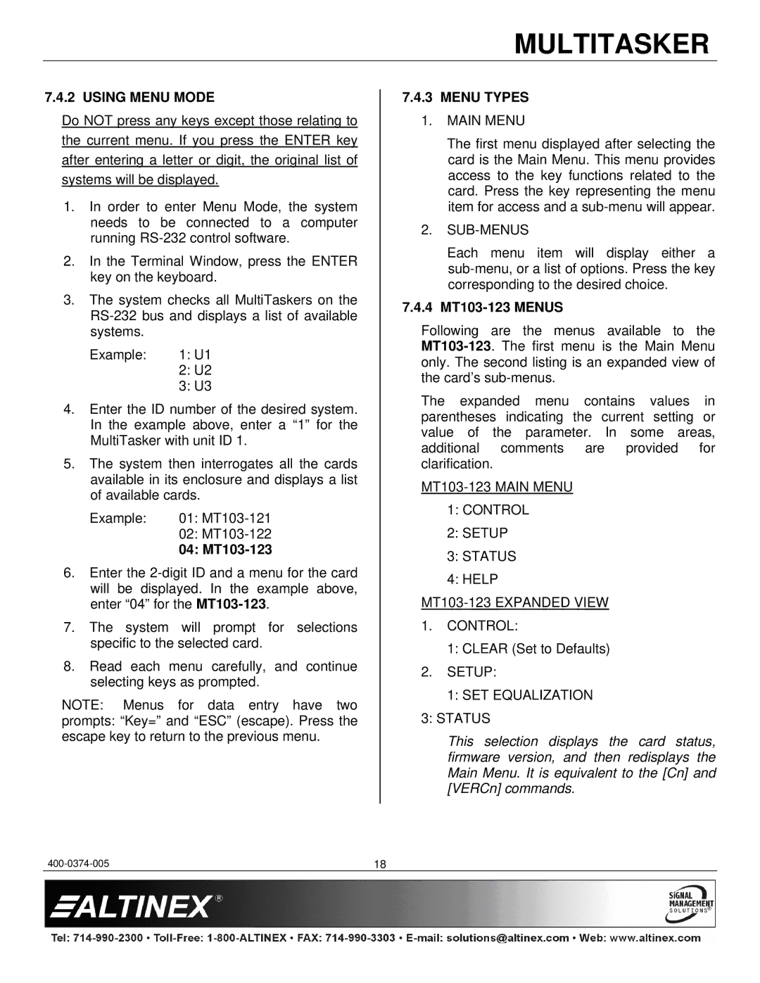 Altinex manual Using Menu Mode, 04 MT103-123, Menu Types, 4 MT103-123 Menus 