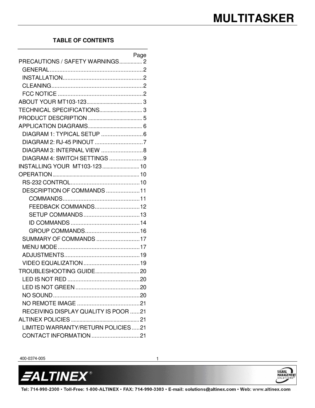 Altinex MT103-123 manual Table of Contents 