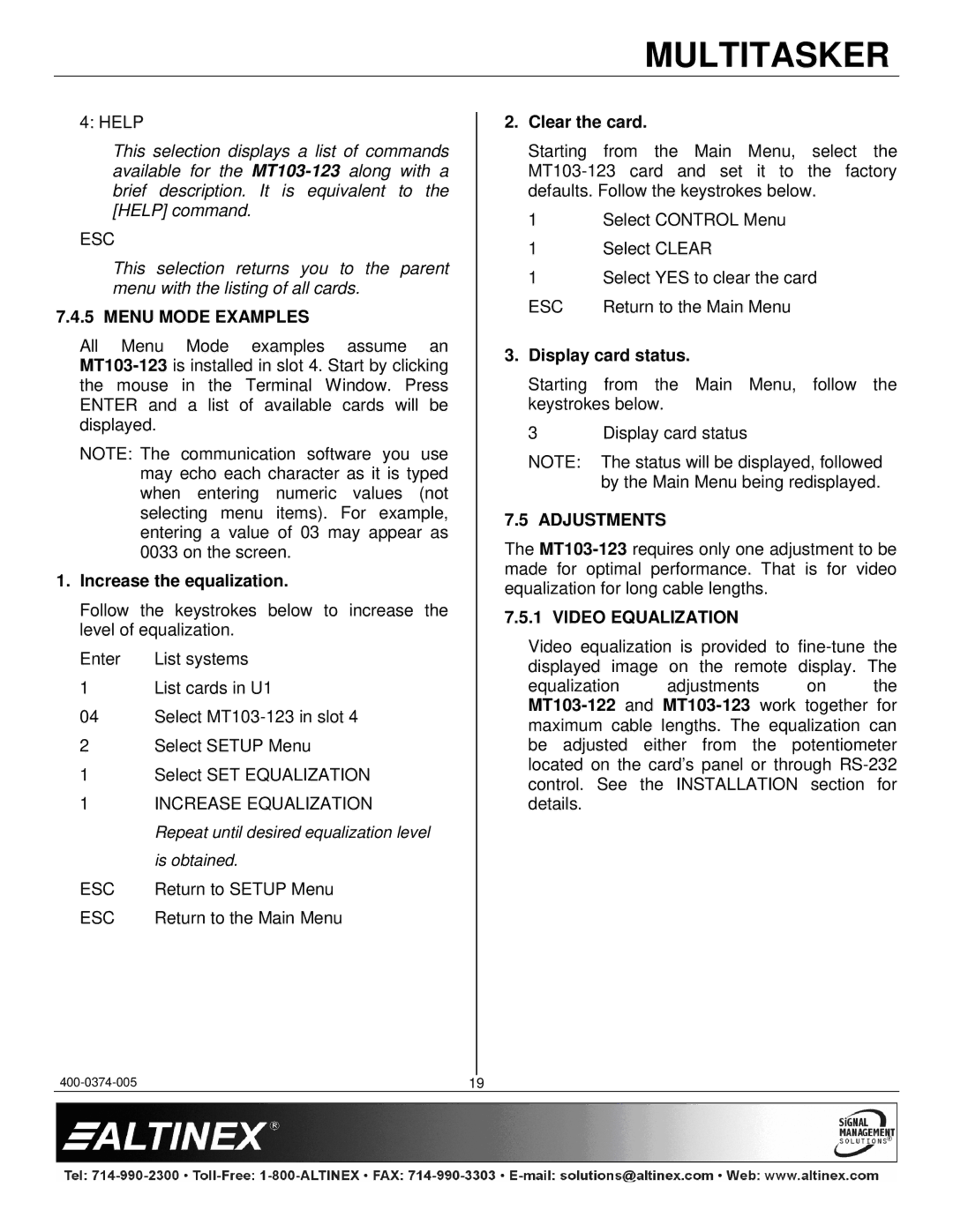 Altinex MT103-123 manual Menu Mode Examples, Increase the equalization, Clear the card, Adjustments, Video Equalization 