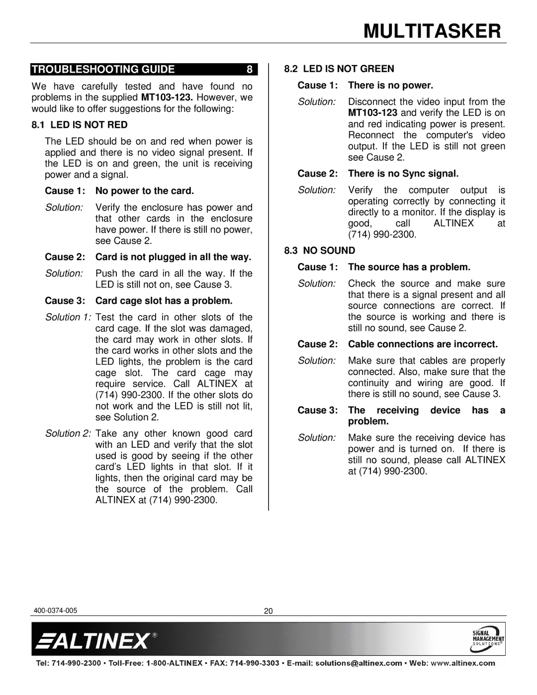 Altinex MT103-123 manual Troubleshooting Guide, LED is not RED, LED is not Green, No Sound 