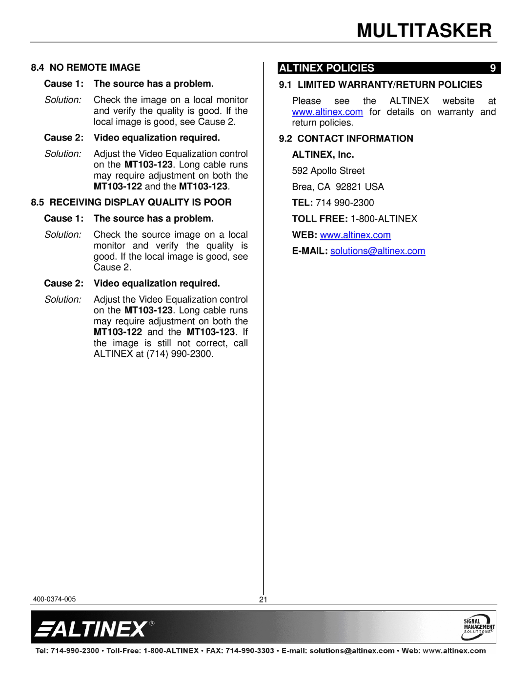 Altinex MT103-123 Altinex Policies, No Remote Image, Cause 2 Video equalization required, Limited WARRANTY/RETURN Policies 