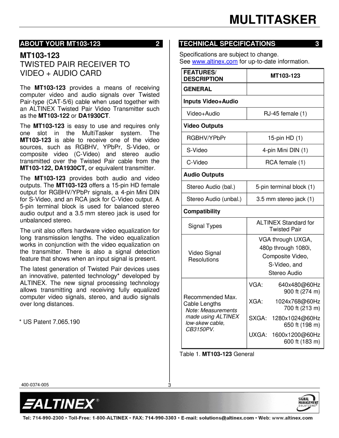 Altinex manual About Your MT103-123, Technical Specifications 