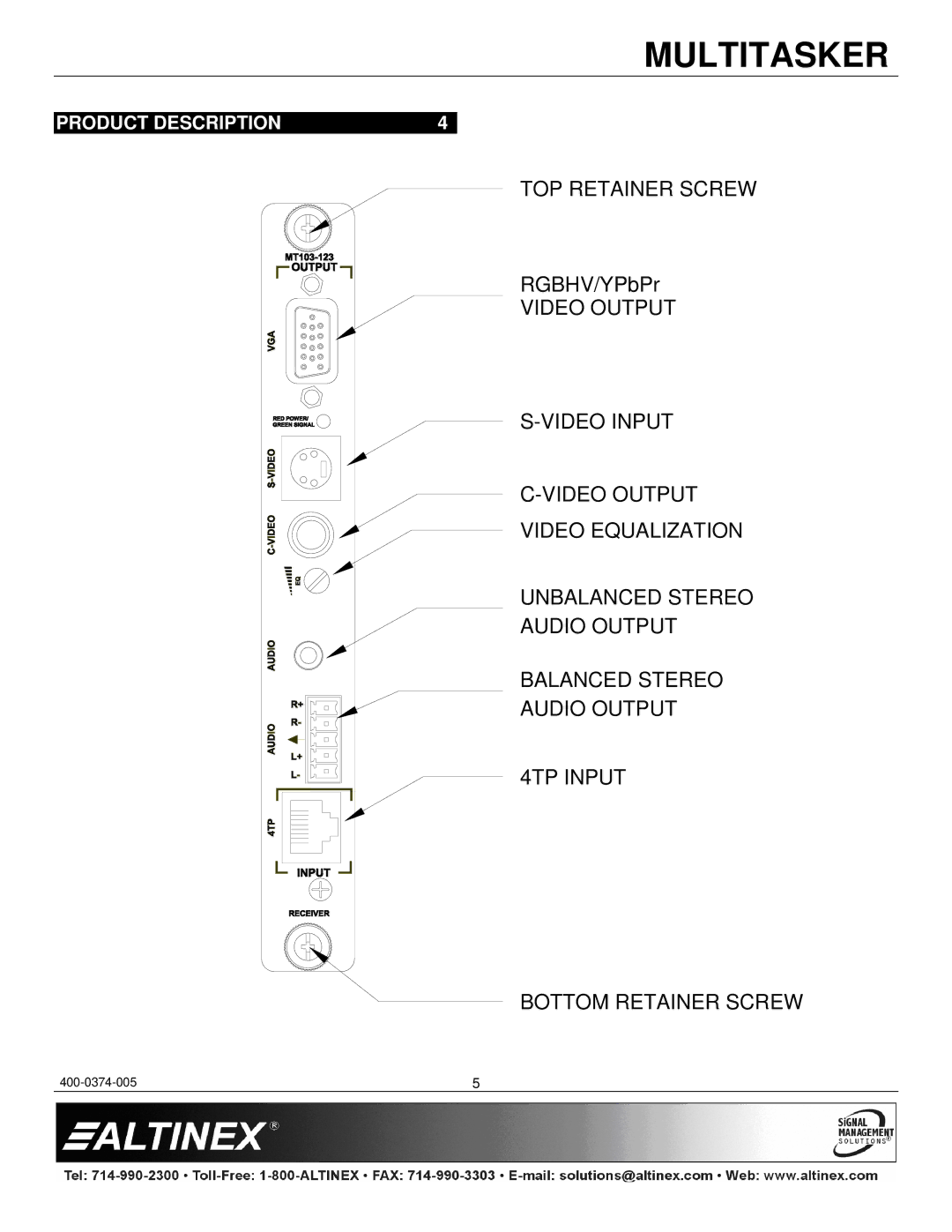 Altinex MT103-123 manual Product Description 