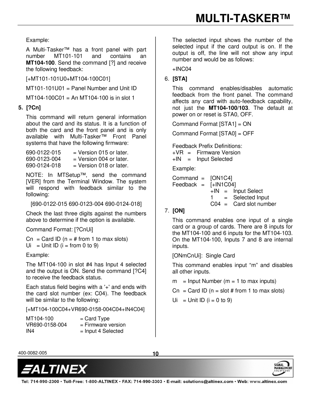 Altinex MT104-100/103 manual ?Cn, Sta 