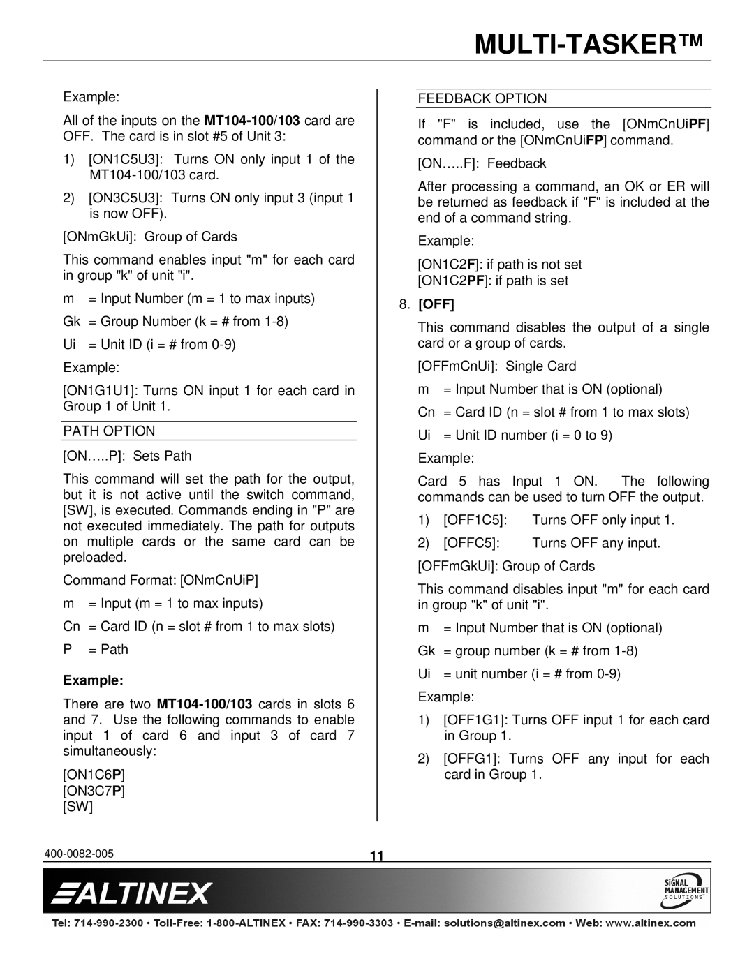 Altinex MT104-100/103 manual Path Option, Example, Feedback Option, Off 