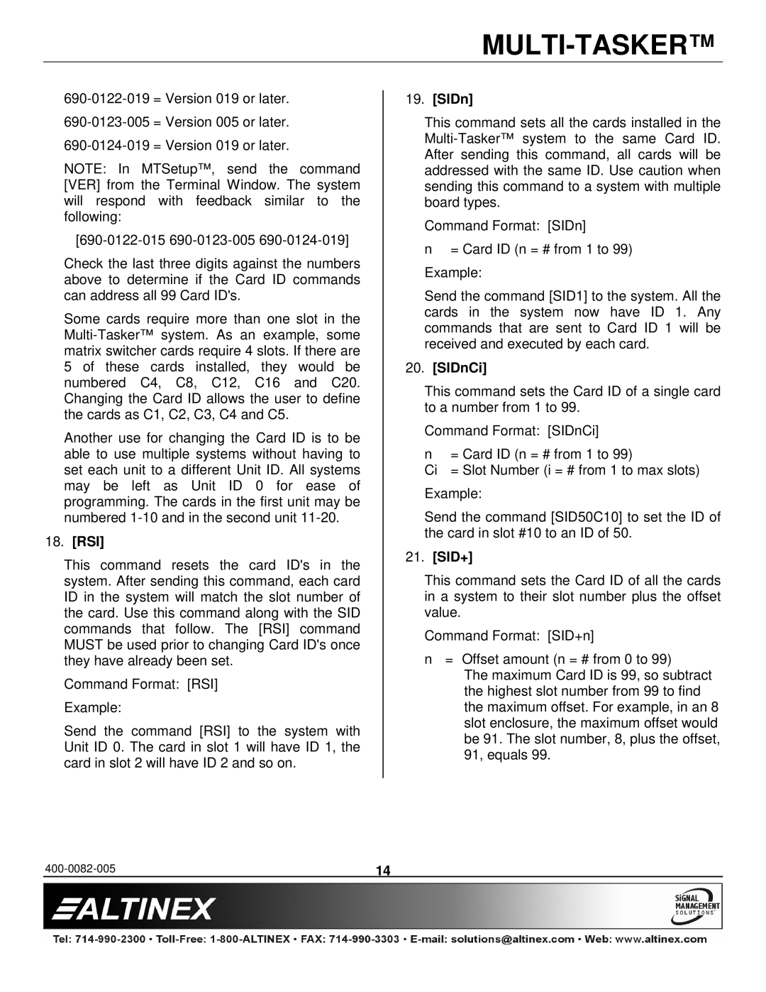 Altinex MT104-100/103 manual Rsi, SIDnCi, Sid+ 