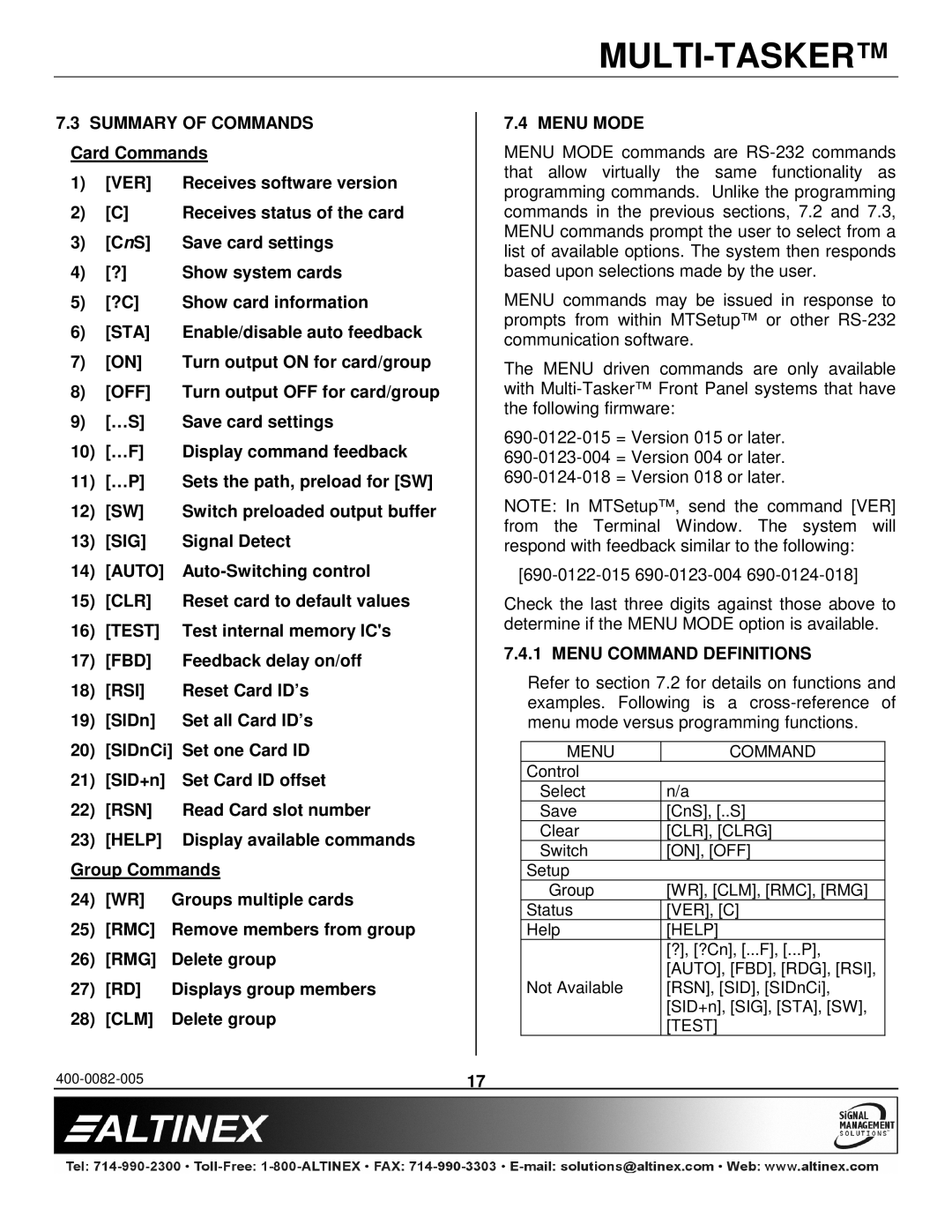 Altinex MT104-100/103 manual Sta, Off, Sig, Auto, Clr, Test, Fbd, Rsi, Rsn, Help, Clm, Menu Mode, Menu Command Definitions 