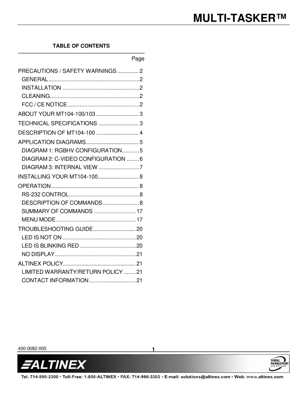 Altinex MT104-100/103 manual Troubleshooting Guide 